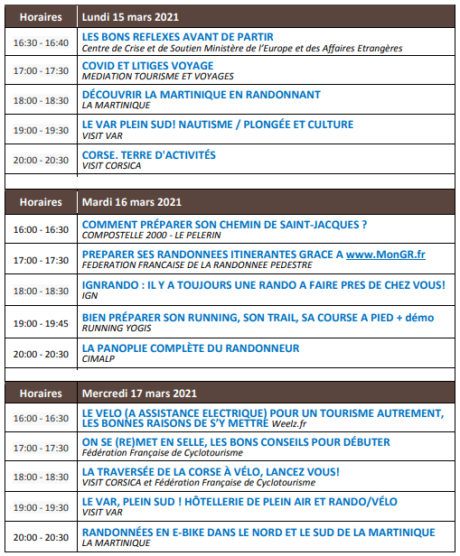 Planning Semaine du Tourisme