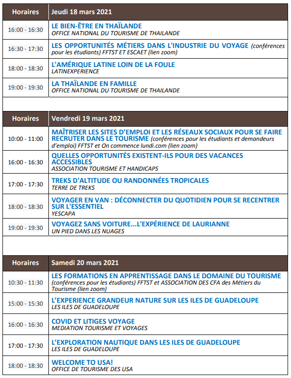 Planning Semaine du Tourisme