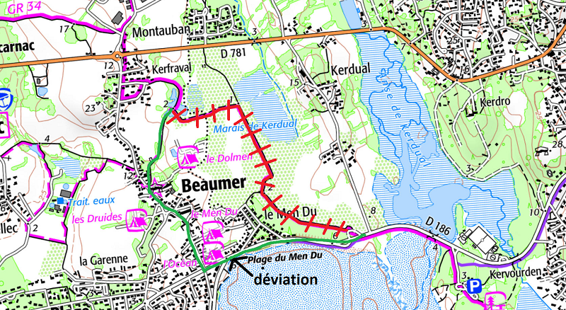 Déviation réalisée sur le GR® 34 à la Trinité-sur-Mer en raison de travaux sur les Marais de Kerdual