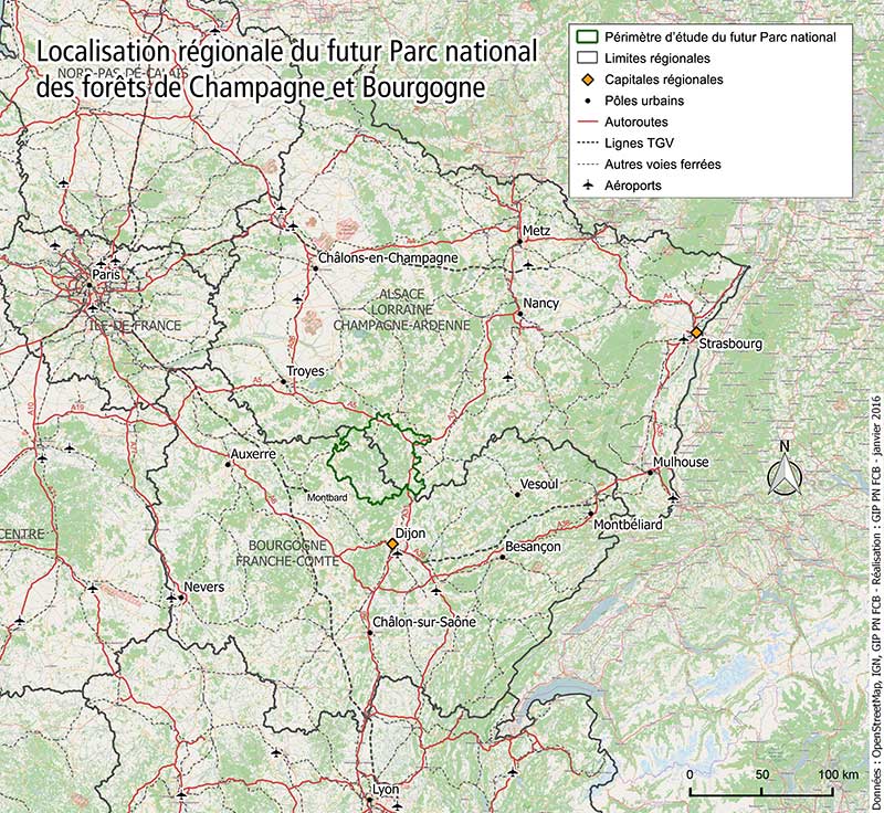Localisation régionale du Parc national des forêts de Champagne et Bourgogne