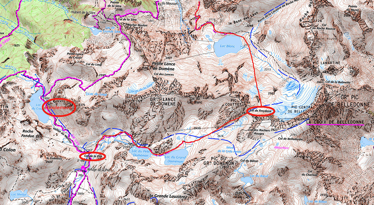 Déviation réalisée sur le GR® 738 face aux éboulements dans le secteur du lac du Crozet