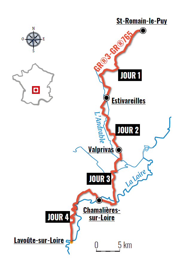Cartographie du GR® 765 entre Saint-Romain-le-Puy et Lavoûte-sur-Loire - Passion Rando n° 62 - hiver 2021 © Claude Dubut