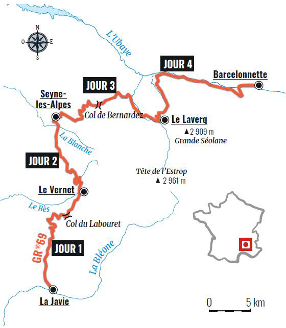 Cartographie du GR® 69 la Routo entre La Javie et Barcelonnette (Alpes-de-Haute-Provence) - Passion Rando n° 63 - printemps 2022 © Claude Dubut