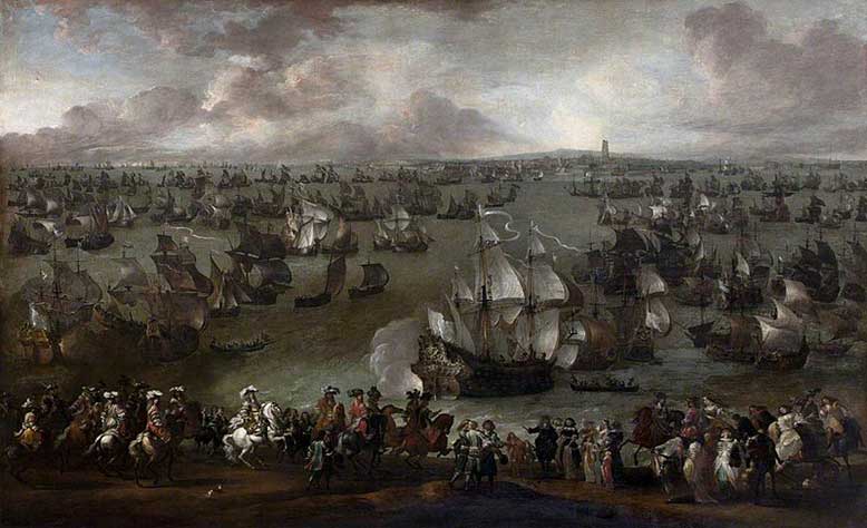 Louis XIV passant sa flotte en revue à Dunkerque (1680). Peinture non datée de Hendrik van Minderhout