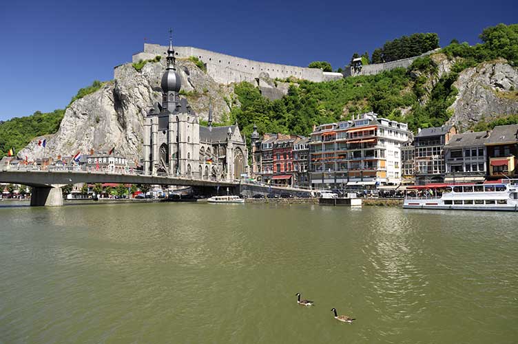 GR® 654, sentier vers Saint-Jacques de Compostelle. Belgique, Wallonie, Dinant, canards nageant vers le pont du Général Charles de Gaulle enjambant la Meuse devant la collégiale Notre-Dame et la citadelle. Crédit : Soberka Richard / hemis.fr