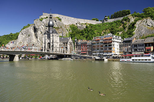 Belgique, Wallonie, Dinant, canards nageant vers le pont du Général Charles de Gaulle enjambant la Meuse devant la collégiale Notre-Dame et la citadelle. Crédit : Soberka Richard / hemis.fr